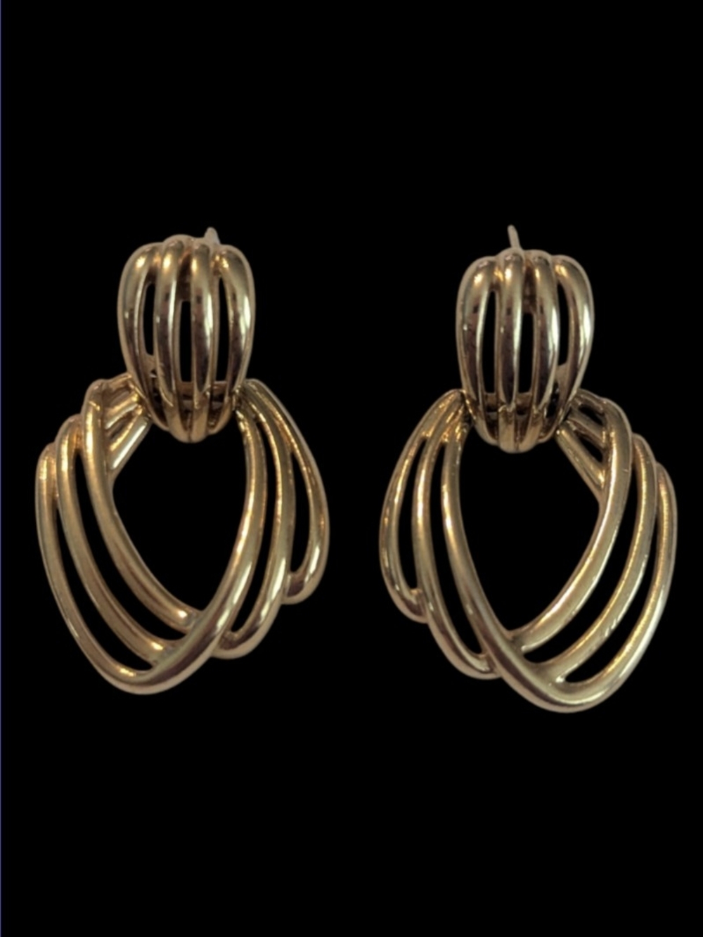 Vintage 80s Monet Gold Tone 3 Hoop Door Knocker Pierced Earrings